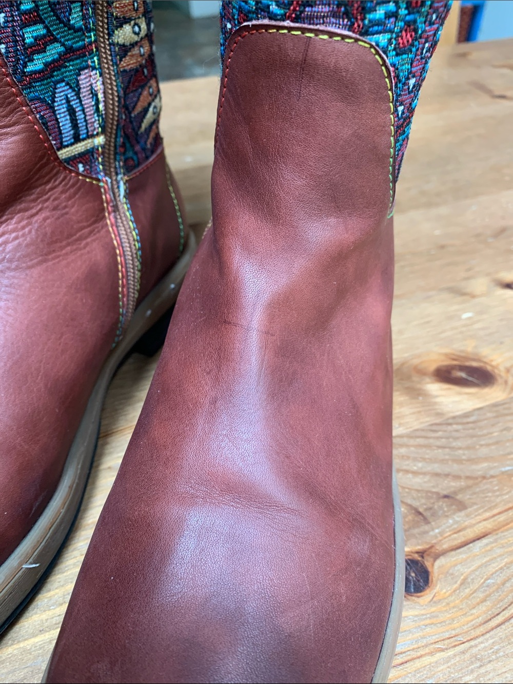 Women's Boho Brown Leather Boots with Teal Patterned Shaft - Picture 10 of 10